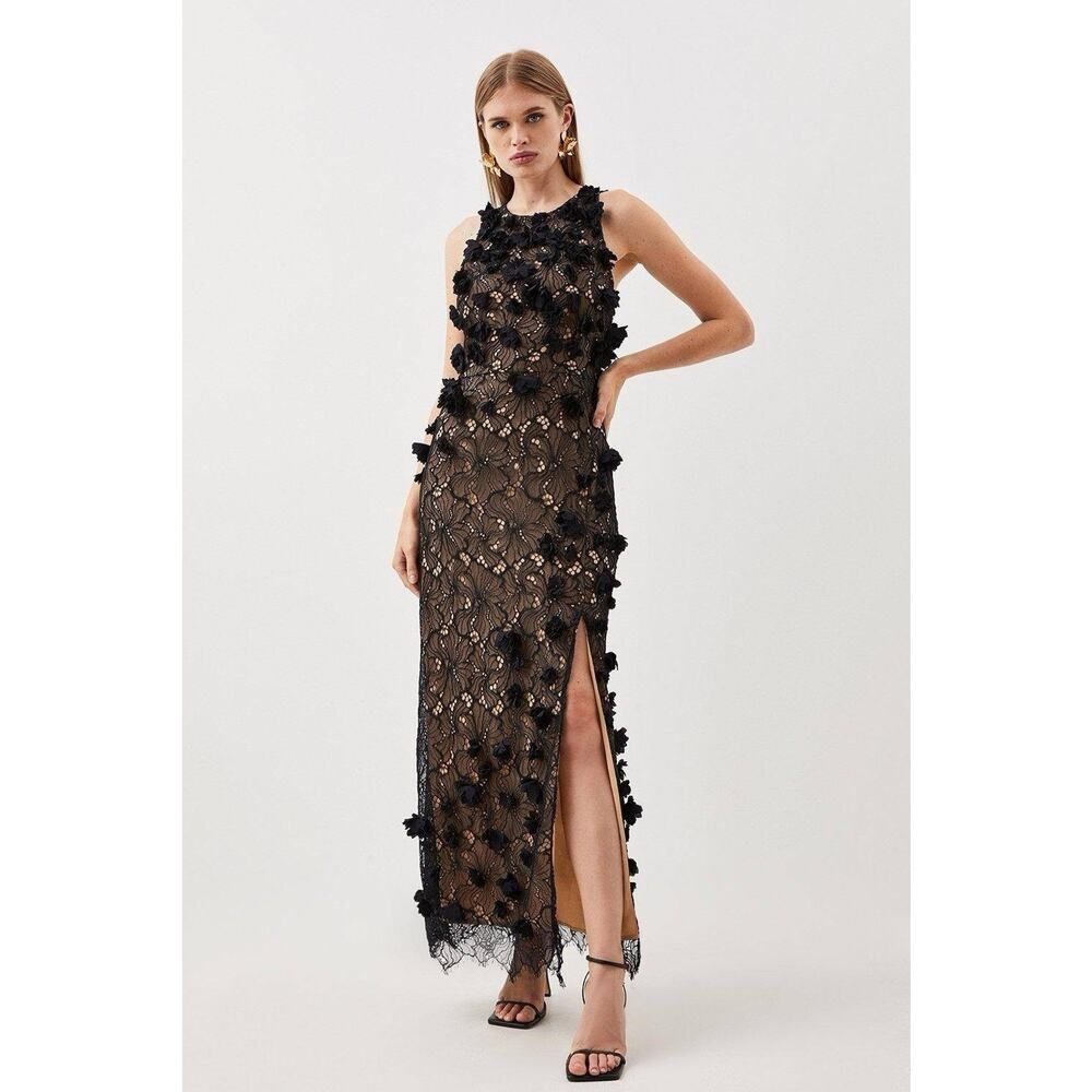 NWT Karen Millen Black Lace Floral Appliqué Midi Dress Open Back Slit US 6 - Picture 2 of 13